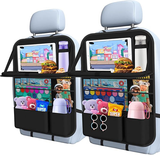 Car Backseat Organizer with table Tray(1Pack) 9 Storage Pockets Backseat Car Organizer with Tablet Holder, Back seat Organizer for Kids Road Trip Essentials Travel