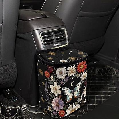 Talayituse Butterfly Daisy Moon Print Car Trash Can with Lid, Leak Proof Auto Trash Bag Hanging Vehicle Garbage Can Multipurpose Storage Container for Back Seat Road Trip