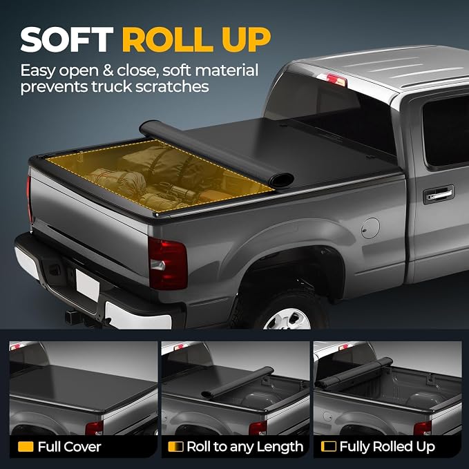 Auto Dynasty Soft Roll-up Truck Bed Tonneau Cover Compatible with 2014-2025 Chevy Silverado GMC Sierra 1500 1500LD 2500HD 3500HD 6.6Ft Bed, Matte Black Soft Vinyl Top