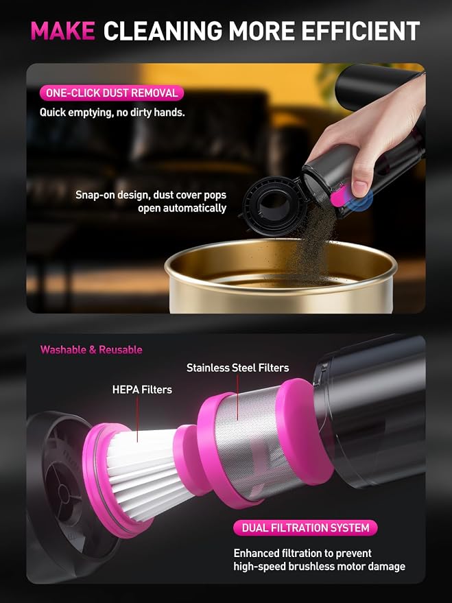 Mini Car Vacuum Portable Cordless with LED Light, 15000PA Powerful Suction, 80W High Power, One-Click Empty, Dual Hepa Filter, Y8plus Car Vacuum Cleaner & Air Duster for Home, Desk, PC, Keyboard