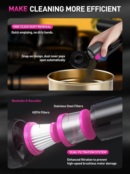 Mini Car Vacuum Portable Cordless with LED Light, 15000PA Powerful Suction, 80W High Power, One-Click Empty, Dual Hepa Filter, Y8plus Car Vacuum Cleaner & Air Duster for Home, Desk, PC, Keyboard