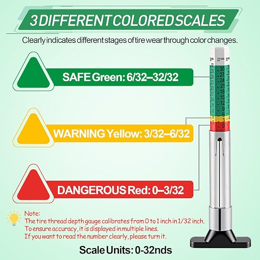 3-Pcs Tire Tread Depth Gauge in 1/32 Inch, Color Coded Tire Depth Gauge with Pocket Clip, Tread Depth Accurate Measurement Tools for Car, Trucks, SUV, Motorcycle, Bike (with 5Pcs Tire Valve Stem Caps)