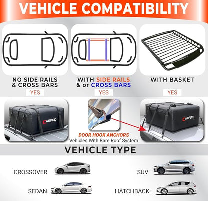 Car Rooftop Cargo Carrier Bag, 15 Cubic ft. 100% Waterproof Roof Bag & Zippers, for All Cars with/Without Racks, 10 Heavy Duty Straps 1.5” Wide, Heat Welded Seams, Roof Pad +Storage Bag +6 Door Hooks