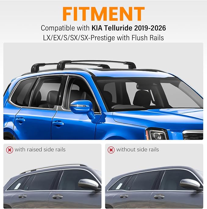 Roof Rack Cross Bars Fit for Kia Telluride 2019-2026 EX S SX SX-Prestige (Not for LX, X-Line, X-Pro), Aluminum Heavy Duty 300lbs Lockable Flush Roof Rails Crossbars for Rooftop Cargo Luggage