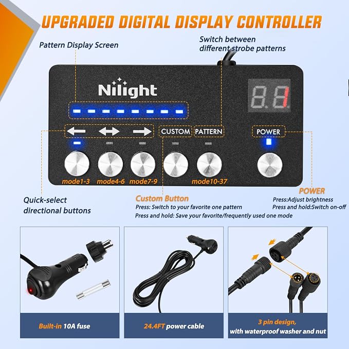 Nilight 49 Inch Emergency Strobe Light Strips with Controller, 288LED Flashing Warning Hazard Safety Rear Window Tailgate Lights for Truck Trailer Construction Plow Pickup SUV Vehicle, Amber White