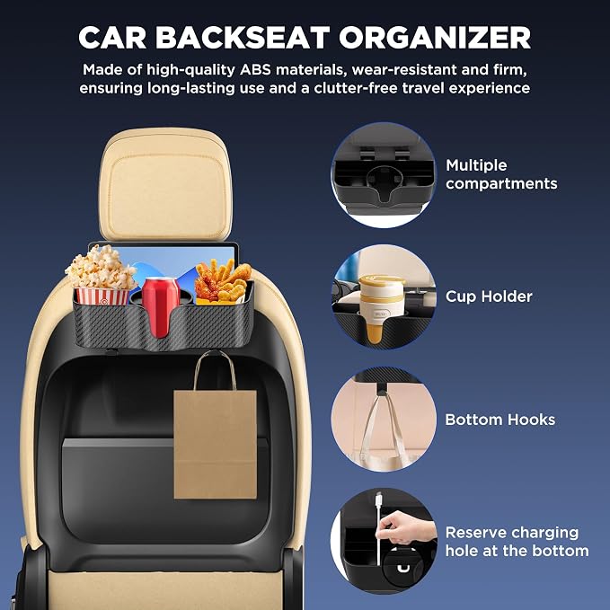 Car Headrest Backseat Organizer with Cup Holder,3 in 1 Backseat Cup Holder, Storage Box Organizer & Hooks for Car, for Hold Phone,Snacks, Drinks, Handbag, Compatible with Most Vehicles Black 1pcs (1)