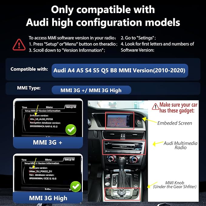Wireless CarPlay Android Auto Adapter Retrofit Kit Decoder Compatible with Audi A5 B8 MMI 3G High/MML 3G+ from 2010-2020, Support Reverse Camera, Mirror Link, USB Stick Playback