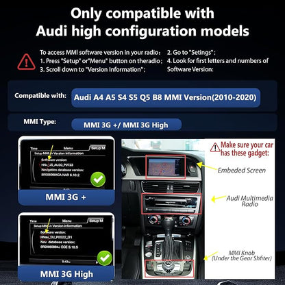 Wireless CarPlay Android Auto Adapter Retrofit Kit Decoder Compatible with Audi A5 B8 MMI 3G High/MML 3G+ from 2010-2020, Support Reverse Camera, Mirror Link, USB Stick Playback