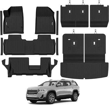 Floor Mats for 2017-2023 GMC Acadia 7 Seats with 2nd Row Bench Seat, Trunk Mat and Backrest Mat & Door Sill Guard All Weather TPE Protector for GMC Acadia Accessories