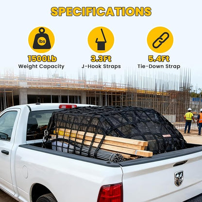 Cargo Net for Pickup Truck Bed - 4.8' x 6' Heavy Duty Truck Bed Net, 1,500 lbs Load Capacity, Tight Mesh Safety Net with Cam Buckles & S-Hooks & Tie Down Straps for Ford Chevy GMC RAM Toyota