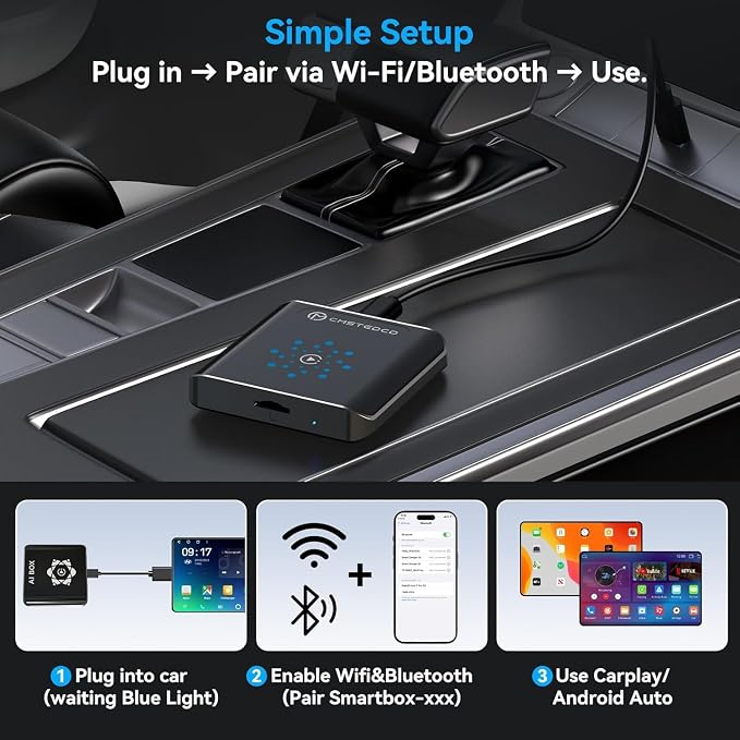 Magic CarPlay AI Box, Wireless CarPlay & Android Auto Adapter with Netflix/YouTube/TikTok, Plug & Play, Car Play Wireless Adapter Compatible with iPhone 7+/iOS 10+ & Android 11+
