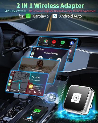 Wireless CarPlay & Android Auto Adapter 1-Inch (2.54cm) - Discreet Plug & Play, Stable Connection for Music/Navigation, Works with iPhone iOS 10+ & Android 11+,for 98% of Cars (2016-2025) (Silver)