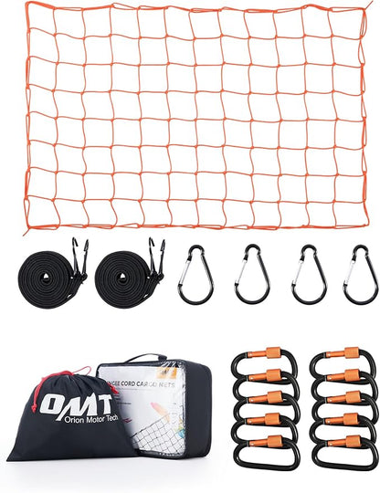 Orion Motor Tech Small Cargo Net, 3'x4' Cargo Net for Roof Rack with 4"x4" Small Mesh, 6'x8' Max Size Truck Bed Net with Locking Carabiners, Straps, Automotive Cargo Net (3 x 4 ft., Orange)