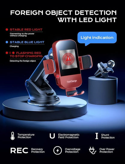 Wireless Car Charger, 15W Fast Charging Auto Clamping Car Charger Phone Mount Phone Holder fit for iPhone 15 14 13 12 11 Pro Max Xs, Samsung Galaxy S24 Ultra S23 S22 S21, S20, S10+, Red