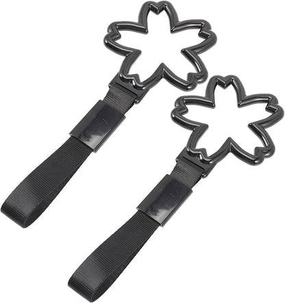 Healeved Cherry Blossom Car Handle Rings 2pcs Black Strap Interior Safety Pull Handles Japanese Automotive Accessories Decorative Warning Rings for Vehicle Safety