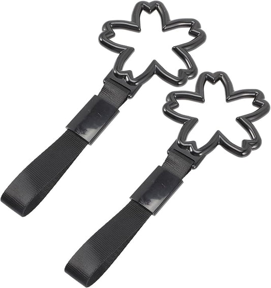 Healeved Cherry Blossom Car Handle Rings 2pcs Black Strap Interior Safety Pull Handles Japanese Automotive Accessories Decorative Warning Rings for Vehicle Safety