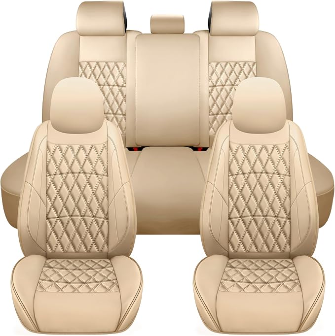 NS YOLO Leather Car Seat Covers,Universal Fit for Most Cars,SUVs and Sedans,Waterproof Luxury Leatherette Cushions, 5 Seats Protectors (Beige, Full Set-5 Seats(Front and Rear))