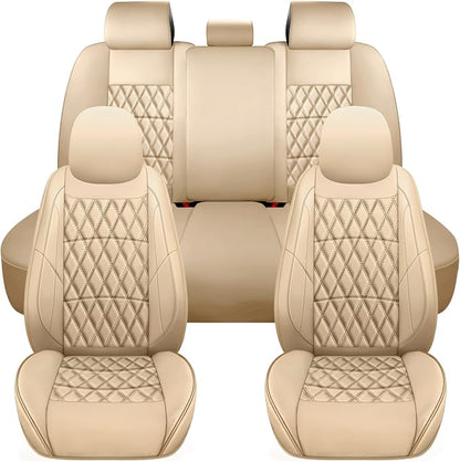NS YOLO Leather Car Seat Covers,Universal Fit for Most Cars,SUVs and Sedans,Waterproof Luxury Leatherette Cushions, 5 Seats Protectors (Beige, Full Set-5 Seats(Front and Rear))