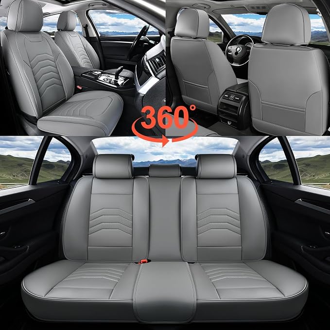 Coverado Leather Seat Covers, Gray Seat Covers Full Set, Car Seat Covers Front Seats and Back, Waterproof Faux Leather Car Seat Cushion Car Seat Protector Universal Fit for Most Cars Trucks SUV