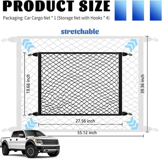 Highly Elastic Cargo Nets for SUV with 4 Hooks,27.5"x19.6" Stretch to 55.12"x39.36" Truck Cargo Net as Trunk Organizer,Heavy-Duty Truck Bed Cargoes Net for Secure Load Retention (27.5"x19.6")