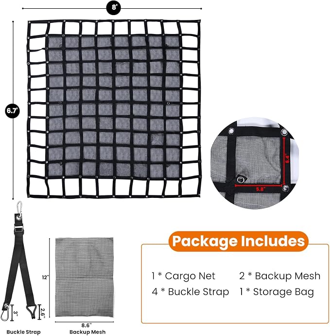 Truck Cargo Net with Mesh, 6.7 x 8 ft Heavy Duty Cargo Net for Pickup Bed, Accessory Truck Bed Netting for Cargo (80 x 95 inches)
