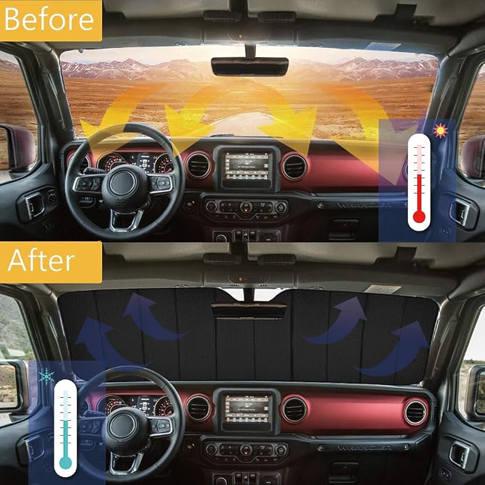 Big Hippo Windshield Sun Shade for 2007-2023 Wrangler Rubicon Sahara TJ JK JKU 2 & 4 Door-Blocks UV Rays Sun Visor Protector,Car Sun Shade Keep Your Vehicle Cool,Car Window Shade