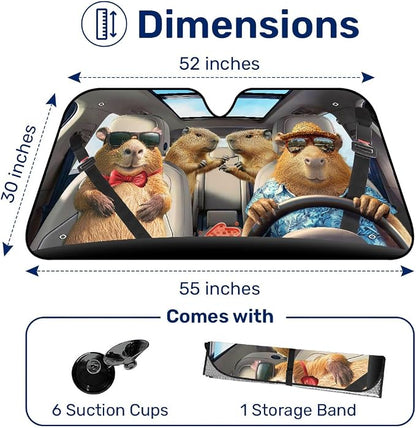 GENANY Capybara Windshield Cover for Car SUV Truck (55x30 Inches), Foldable Heat Shield, Shades for Front Windows, Protector Blocks UV, Car Decor