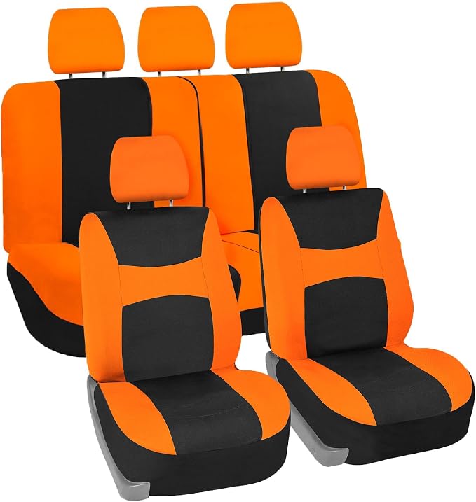FH Group Flat Cloth Seat Covers Front Seat and Solid Rear Bench Full Set with Gift - Universal Fit for Cars, Trucks & SUVs (Orange)