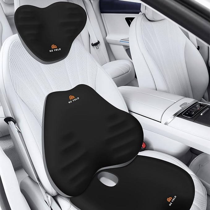 NS YOLO Ergonomic Car Seat Cushion with Comfort Memory Foam Neck Pillow, Car Pillow,Lumbar Support and Big Size Soft Seat Cushion for Driving Seat,Office Chair and Wheel Chair (Black and Grey-3 pcs)