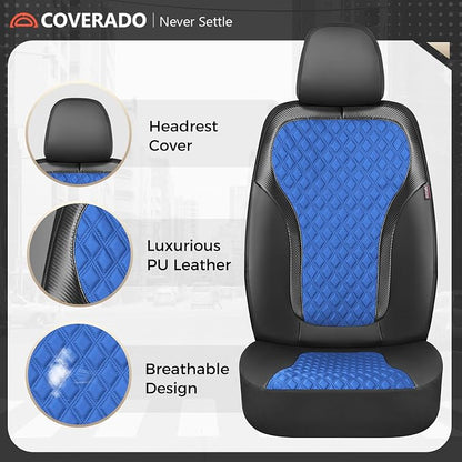 Coverado Seat Covers Full Set, Luxury Diamond Leather Car Seat Cover with Carbon Fiber Textured Design, Waterproof Car Seat Protector, Black&Blue Front and Rear Seat Covers Universal Fit Most Cars