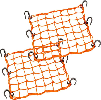 Small Cargo Net 15"x15" Stretches to 30"x30" with Thicken Hooks | Natural Latex Core, Tight 2”x2” Mesh Heavy Duty Bungee Net for Motorcycle Helmet, Bike, ATV, UTV, Luggage (Orange, 2 Pack)