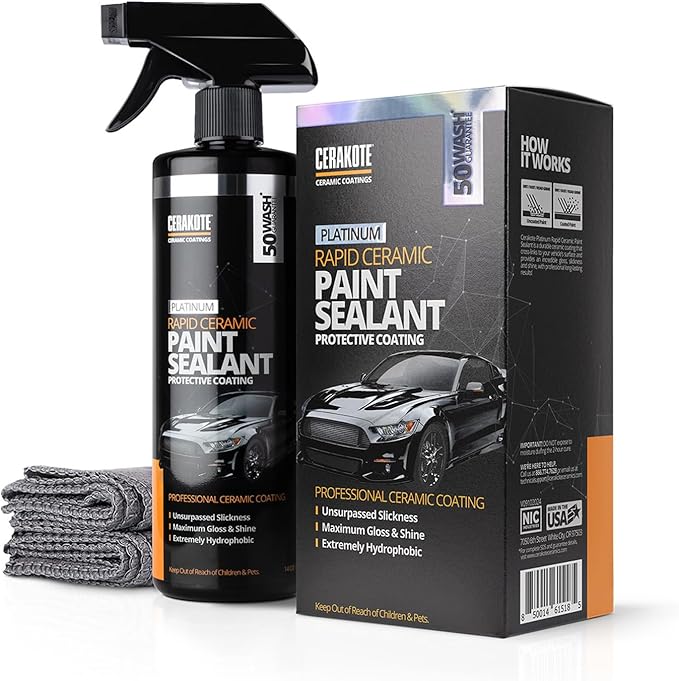 CERAKOTE® Platinum Rapid Ceramic Paint Sealant Spray - 14 oz - 50+ Wash Rating - Long Lasting Hydrophobic Coating and Protection for Cars - High-Gloss Shine