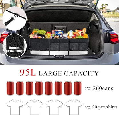 povtii Large Organizer for Car, 95L Stretchable Storage Trunk Organizer with Divided Compartments, Fixed Big Trunk Organizer with Handles & Adjustable Straps, Car Accessories (Black & Gray)