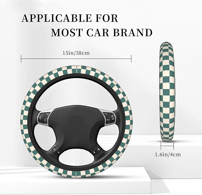 Dark Green Steering Wheel Cover for Women, Universal Auto Steering Wheel 14-15 Inch Car Interior Accessories with 2PCS Car Coasters, Suitable for Men and Women