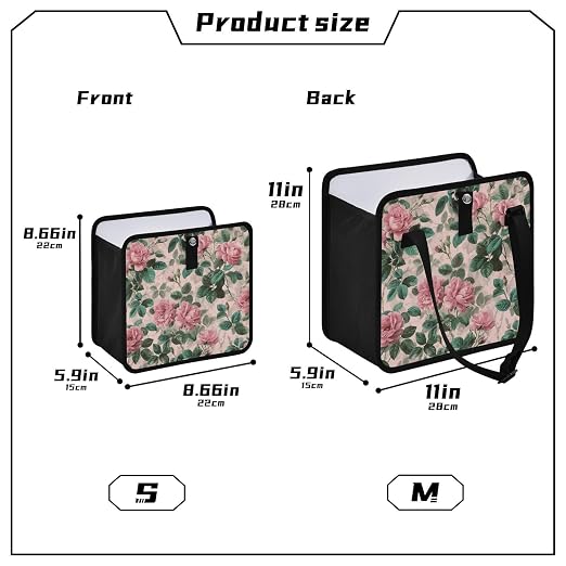 Car Trash Can Organizer Bin with Adjustable Strap for Back Front Seat Console Waterproof Leakproof Collapsible Portable 11 Inch Pink Vintage Roses with Leaves
