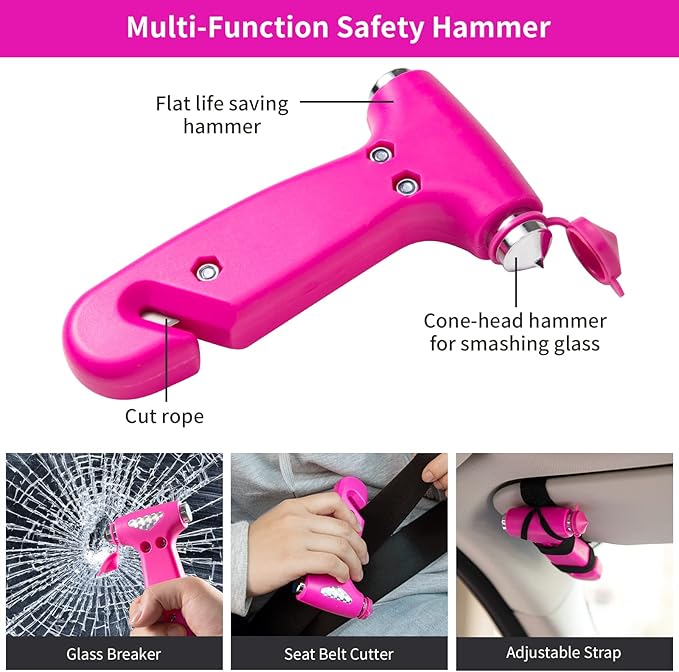 Roadside Emergency Car Kit for Vehicles, Car Safety Kit with Jumper Cables, Safety Hammer, Pink Car Accessories Road Trip Essentials Assistance Kit for Teen Girls Women