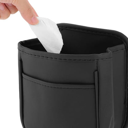Car Trash Can Portable and Hanging 5.9" Length 3.9" Width 7.1" Height Trash Bin Faux Leather Black 1 Pcs