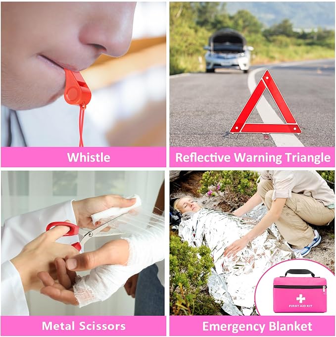 Car Roadside Safety Kit - 129pcs Pink Winter Emergency Road Side Assistance Kits Auto Essential Kit for Men, Women, Teen