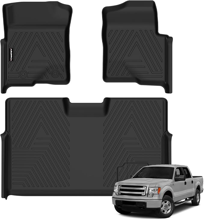 All Weather Floor Mats for 2010-2014 Ford F150 SuperCrew/Crew Cab with 1st Row Bucket Seat, TPE Rubber Floor Liners Anti-Slip Full Set Automotive Mats for 2014 F150 Accessories