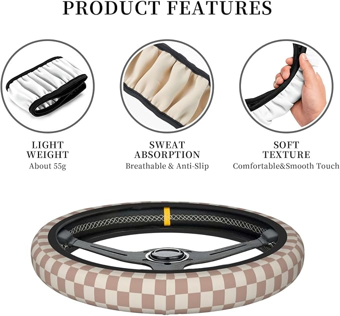 Khaki Checkered Steering Wheel Cover for Women,Universal Auto Steering Wheel 14-15 Inch Car Interior Accessories with 2PCS Car Coasters,Suitable for Men and Women