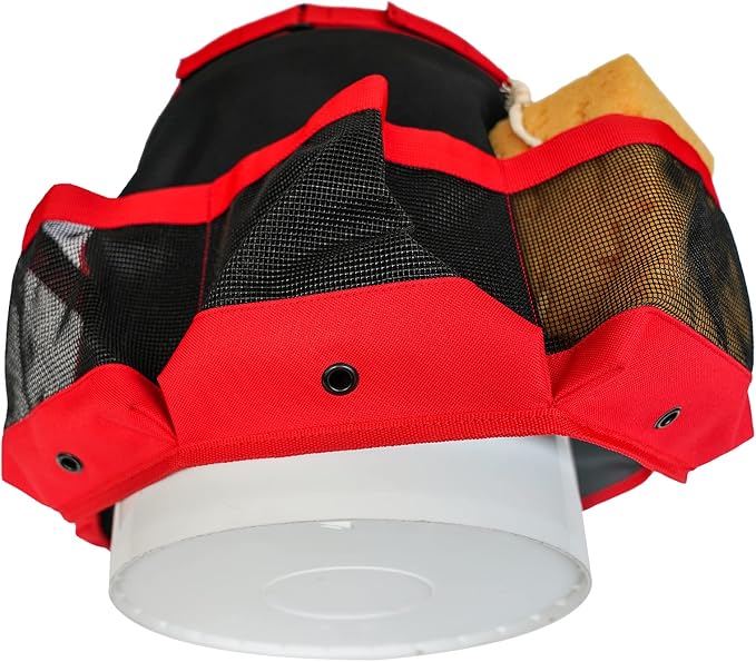 KUNN Car Wash Bucket Tool Organizer for 5 Gallon Bucket with Towel Holder Ring,Soap Pockets Cleaning Bucket Organizer Water-Resistant Mesh Pockets for Clean Supplier,Car Wash Supplier Red