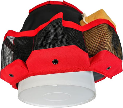 KUNN Car Wash Bucket Tool Organizer for 5 Gallon Bucket with Towel Holder Ring,Soap Pockets Cleaning Bucket Organizer Water-Resistant Mesh Pockets for Clean Supplier,Car Wash Supplier Red