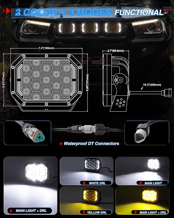 BraveWAY 5x7IN LED Driving Lights 125W 19800LM LED Offroad Lights with DRL Yellow Covers Spot Flood Combo Beam Light Pods Long Distance Output Work Light for Truck, 4WD, ATV, UTV, Pickup,Tractor