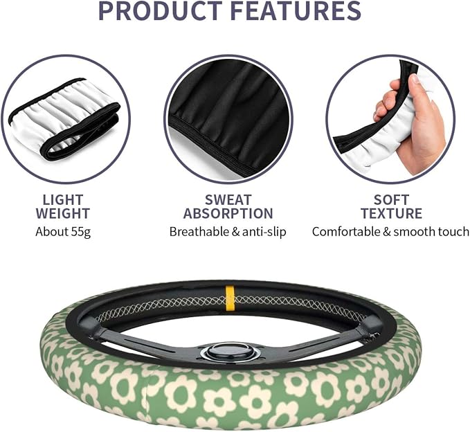 Vintage Groovy Flowers Steering Wheel Cover Cute Universal 15 Inch Car Accessories Protector for Women