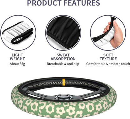 Vintage Groovy Flowers Steering Wheel Cover Cute Universal 15 Inch Car Accessories Protector for Women