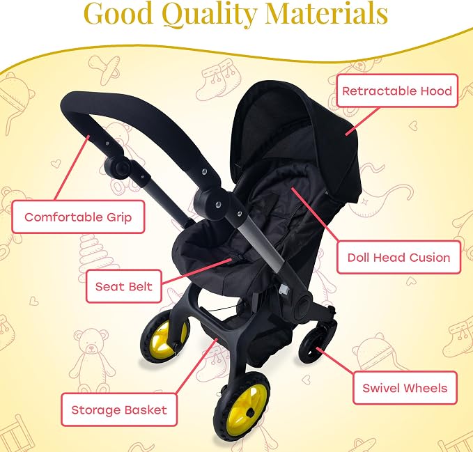 Baby Doll Car Seat Stroller Combo – Convertible 2 in 1 Doll Stroller and Car Seat for Kids – Fits Up to 20” Dolls – Play Toy Baby Stroller with Adjustable Handle for Girls Toddlers All Ages (Black)