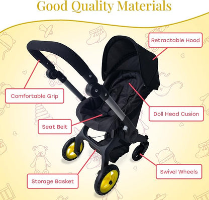 Baby Doll Car Seat Stroller Combo – Convertible 2 in 1 Doll Stroller and Car Seat for Kids – Fits Up to 20” Dolls – Play Toy Baby Stroller with Adjustable Handle for Girls Toddlers All Ages (Black)
