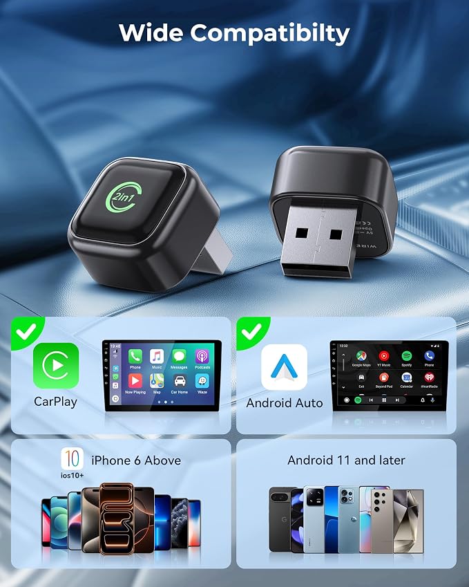 Wireless CarPlay Adapter, Convert Wired to Wireless, 2-in-1 CarPlay & Android Auto, Mini Plug & Play, Fast Auto-Connect & No Latency, USB/USB-C for Cars with Built-in CarPlay & iOS 10+/Android 11+