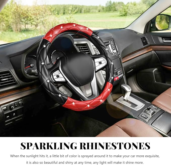 Bling Car Steering Wheel Cover, 15 Inch Diamond Leather Anti-Slip Auto Steering Wheel Protector, Cute Sparkly Rhinestones Wheels Cover Automotive Decoration for Women Girl (Black & Red)