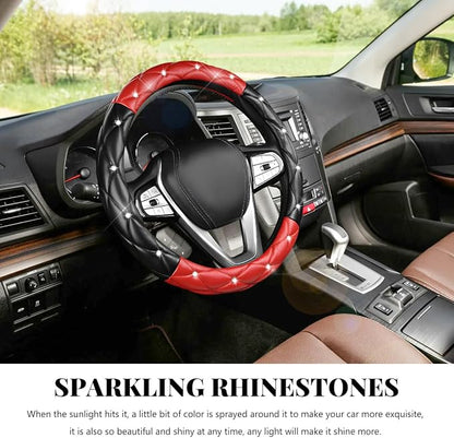 Bling Car Steering Wheel Cover, 15 Inch Diamond Leather Anti-Slip Auto Steering Wheel Protector, Cute Sparkly Rhinestones Wheels Cover Automotive Decoration for Women Girl (Black & Red)